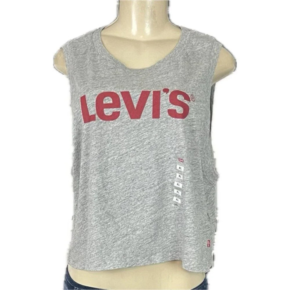 Levi's XL Heather Gray Crew Neck Logo Name Graphic Cotton Sleeveless Crop Tee - Picture 2 of 6